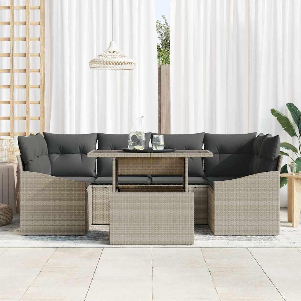 Set di mobili da giardino in polyrattan con tavolo, 7 pezzi, grigio