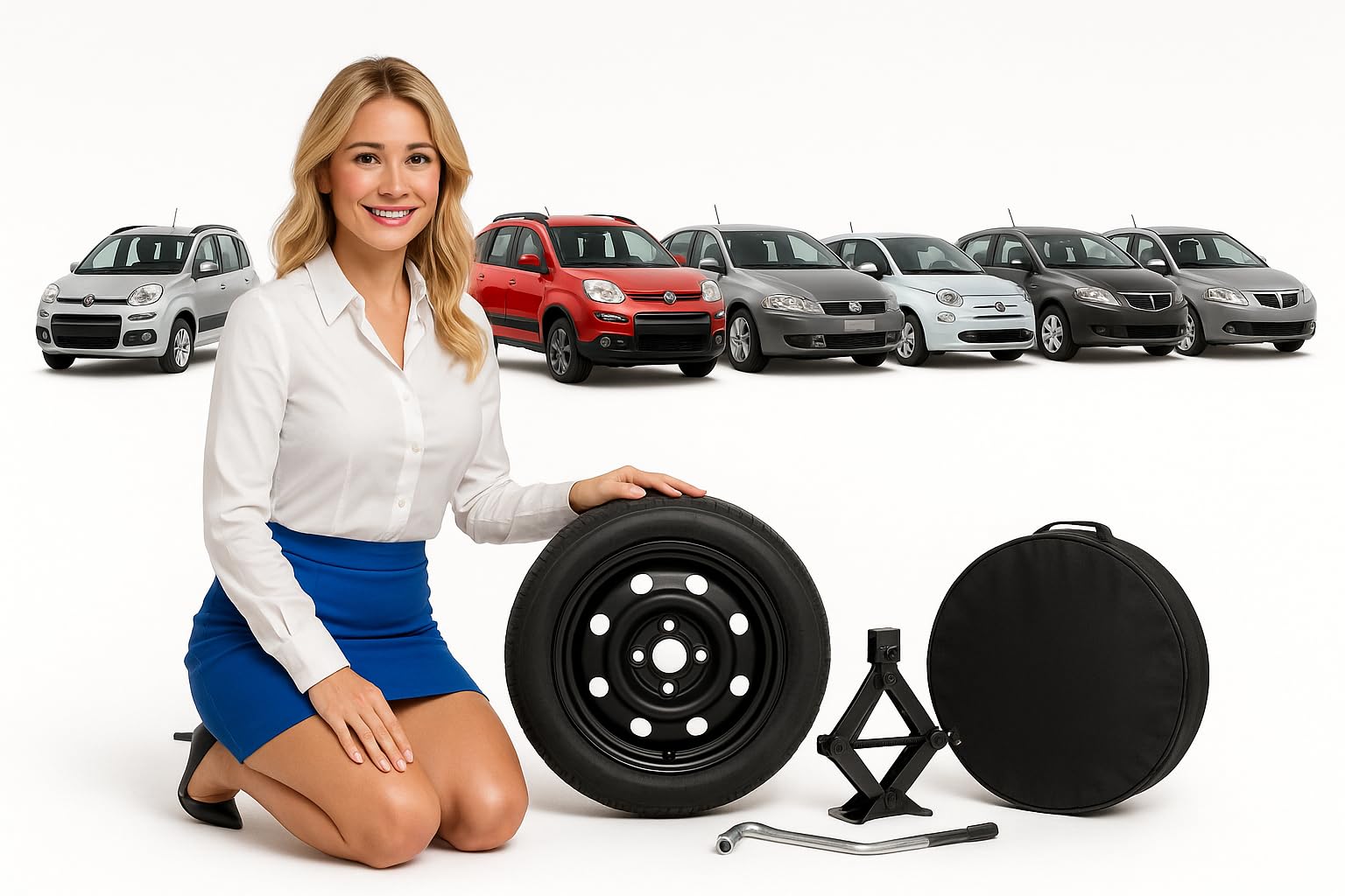 Generico Ruotino di scorta Compatibile per/con Fiat Panda, Panda Cross, Stilo, 500, 500e, Bravo, Idea, Fiorino, Ypsilon, Musa 15 pollici 4fori con cric + chiave + sacca rotonda