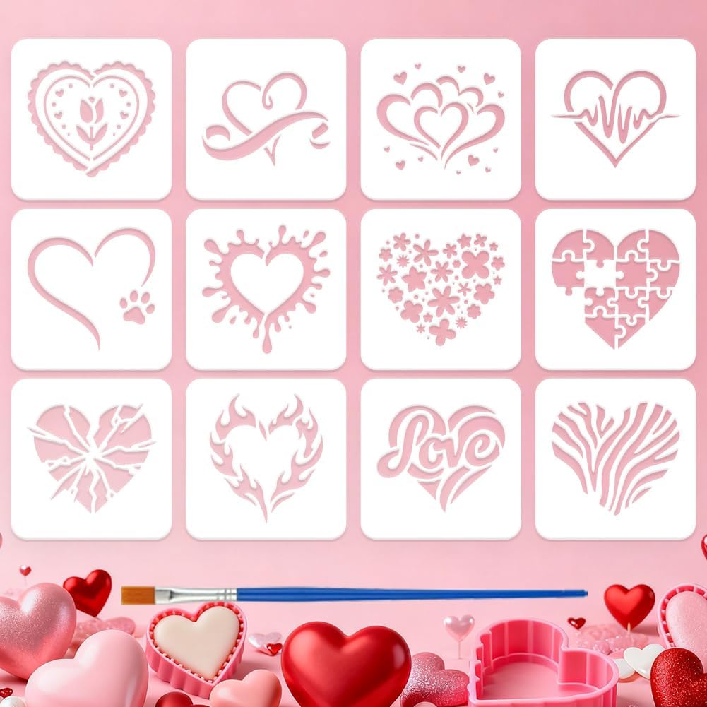 FINGERINSPIRE 12Pcs Heart-Shaped Painting Stencil with Paintbrush 3.9x3.9inch Reusable Mixed Heart Pattern Stencils DIY Decorative Painting Stencil for Painting on Canvas Scrapbook Paper Card Making