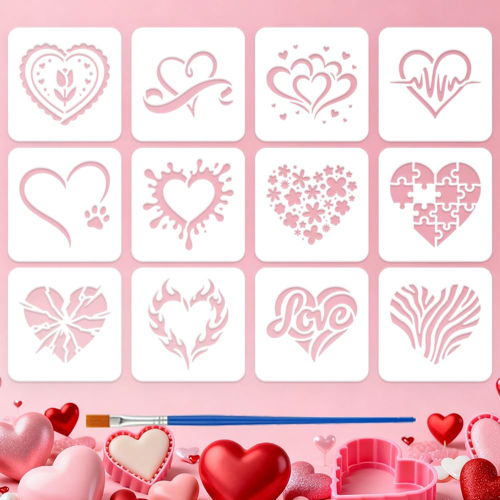 FINGERINSPIRE 12Pcs Heart-Shaped Painting Stencil with Paintbrush 10x10cm Reusable Mixed Heart Pattern Stencils DIY Decorative Stencil for Painting on Canvas Scrapbook Paper Fabric Card Making