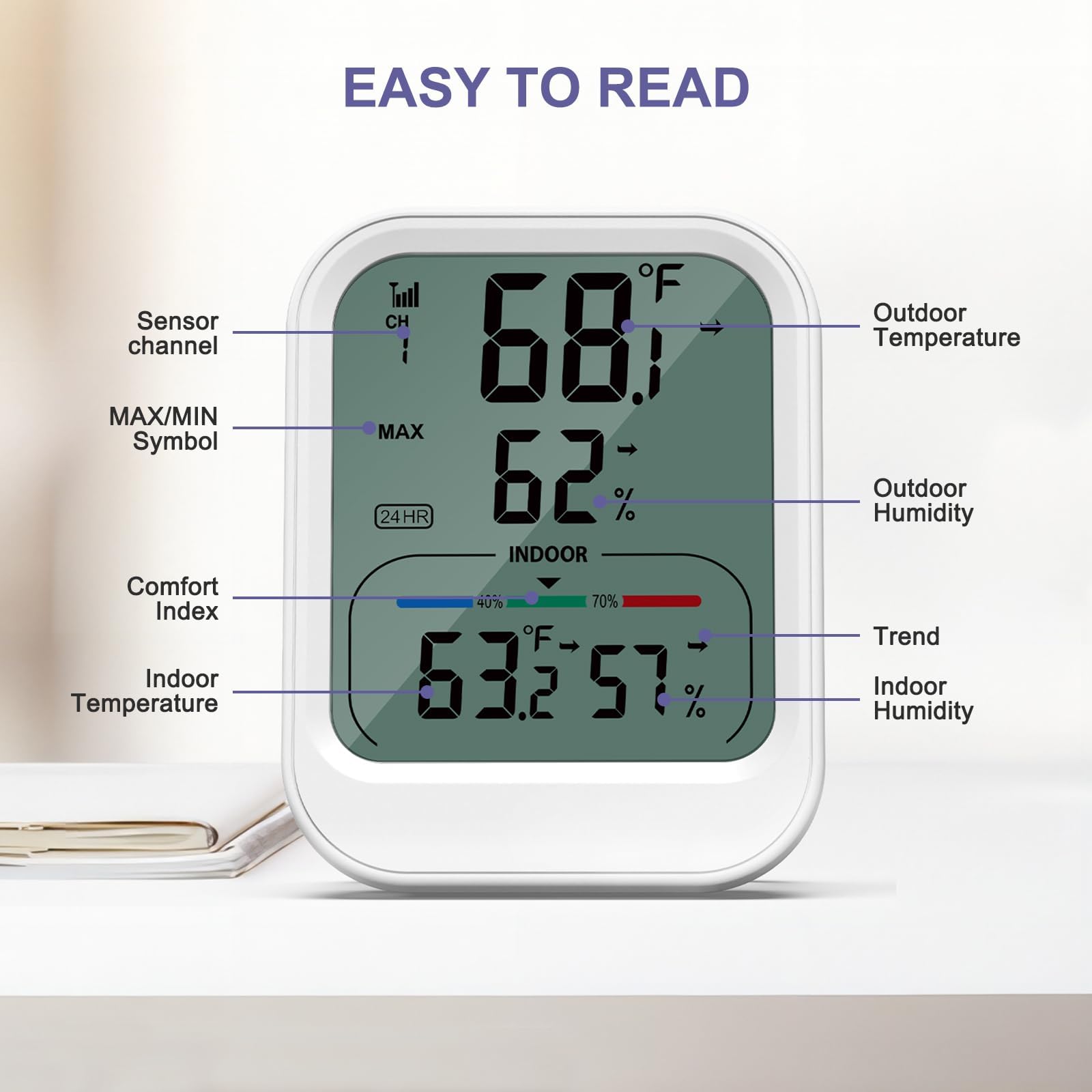 Bezprzewodowy termometr do wnętrz i na zewnątrz z czujnikiem zdalnym, cyfrowy monitor temperatury i wilgotności z wyświetlaczem LCD, rejestruje wartości MAX/MIN, do domu, ogrodu, szklarni, piwnicy