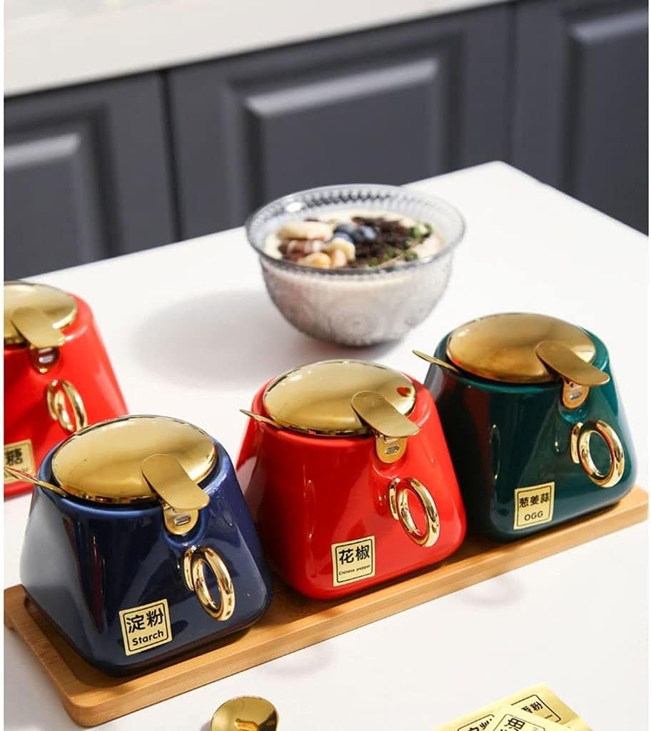 Gewürze Aufbewahrung Keramik-Gewürzbehälter-Set, Gewürzbox Mit Löffeldeckel Und Tablett, Gewürzschüssel, Gewürzbox Für Küche, Restaurant Gewurzglaeser Gewürzglas(C)