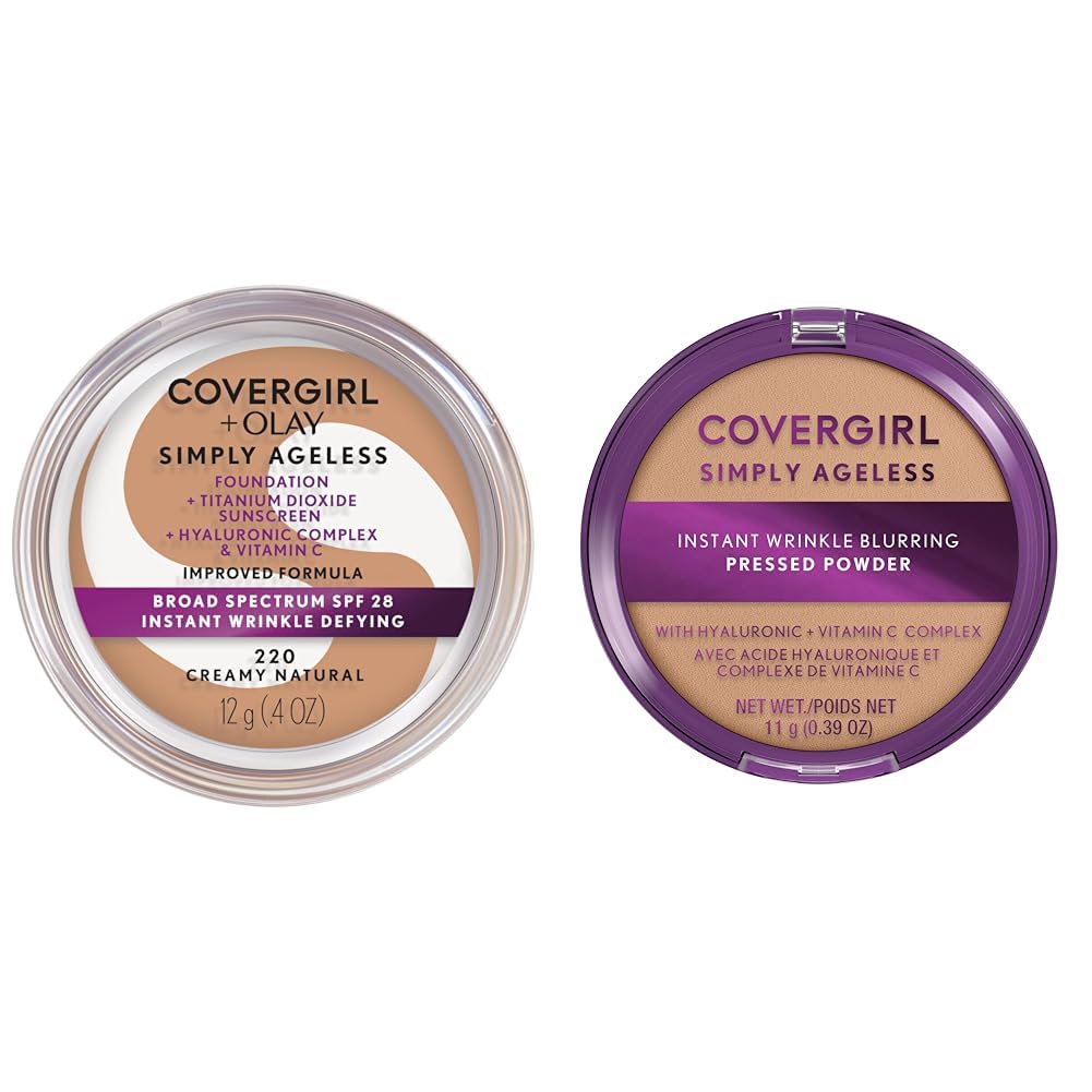 COVERGIRL & Olay Simply Ageless Instant Wrinkle-Defying Foundation, Creamy Natural 0.44 Fl Oz (Pack of 1) & Simply Ageless Instant Wrinkle Blurring Pressed Powder, Buff Beige, 0.39 Oz.