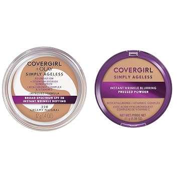 COVERGIRL & Olay Simply Ageless Instant Wrinkle-Defying Foundation, Creamy Natural 0.44 Fl Oz Pack of 1 & Simply Ageless Instant Wrinkle Blurring Pressed Powder, Buff Beige, 0.39 Oz.