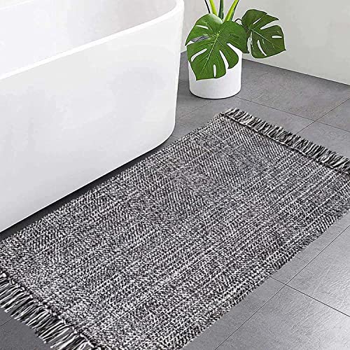 Boho Badezimmerteppich, 60 x 70 cm, grau, handgewebte Baumwolle, wendbar, kleiner Eingangsbereich, mit Quasten, maschinenwaschbar, für Küche/Wäsche/Eingang, Veranda, Überwurf, Bodenmatte Cover