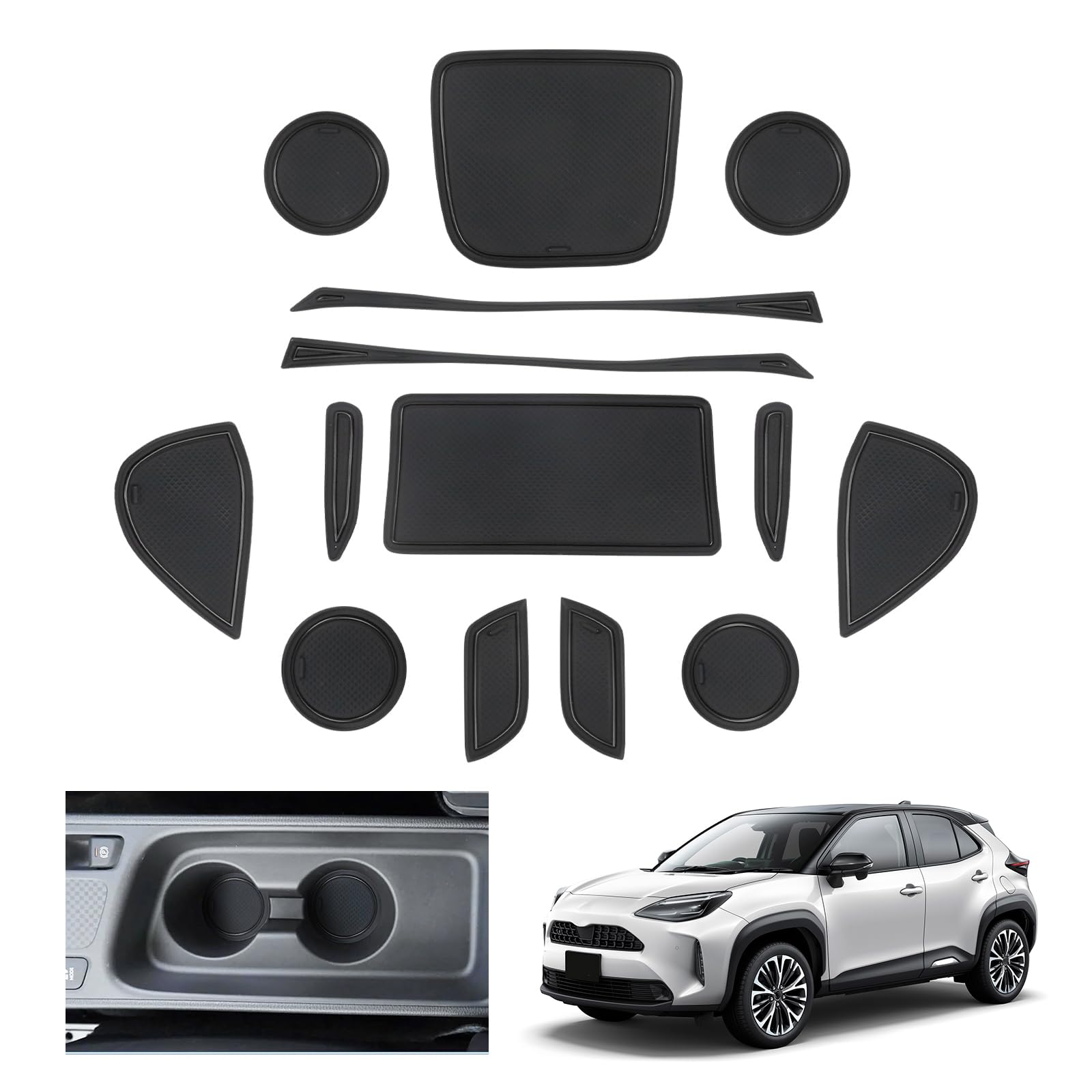 GAFAT Compatibile con Toyota Yaris Cross 2025 2026-2021 Tappetini Antiscivolo, Accessori Yaris Cross Hybrid XP210 Tappetino in Gomma per Console Centrale, Cuciture Porte (Nero 1)