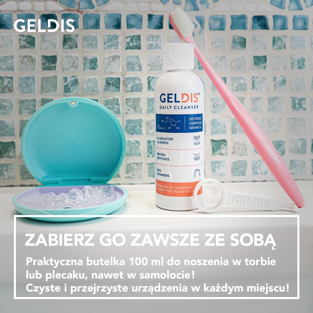 GELDIS Daily Cleanser – Geldis Żel Czyszczący i Higienizujący do codziennej pielęgnacji przezroczystych nakładek, aparatów ortodontycznych, protez i szyn zgryzowych, 100 ml