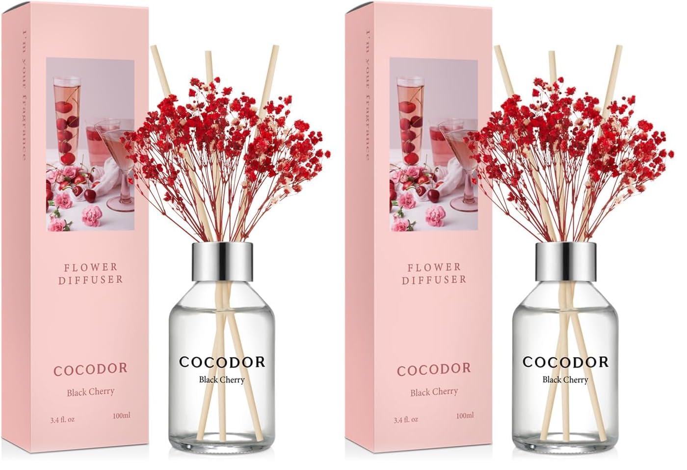COCODOR Flower Reed Diffuser Set / 3.4oz / Black Cherry/Scent Diffuser with Sticks Home Fragrance Reed Diffuser for Bathroom Shelf Decor (Pack of 2)
