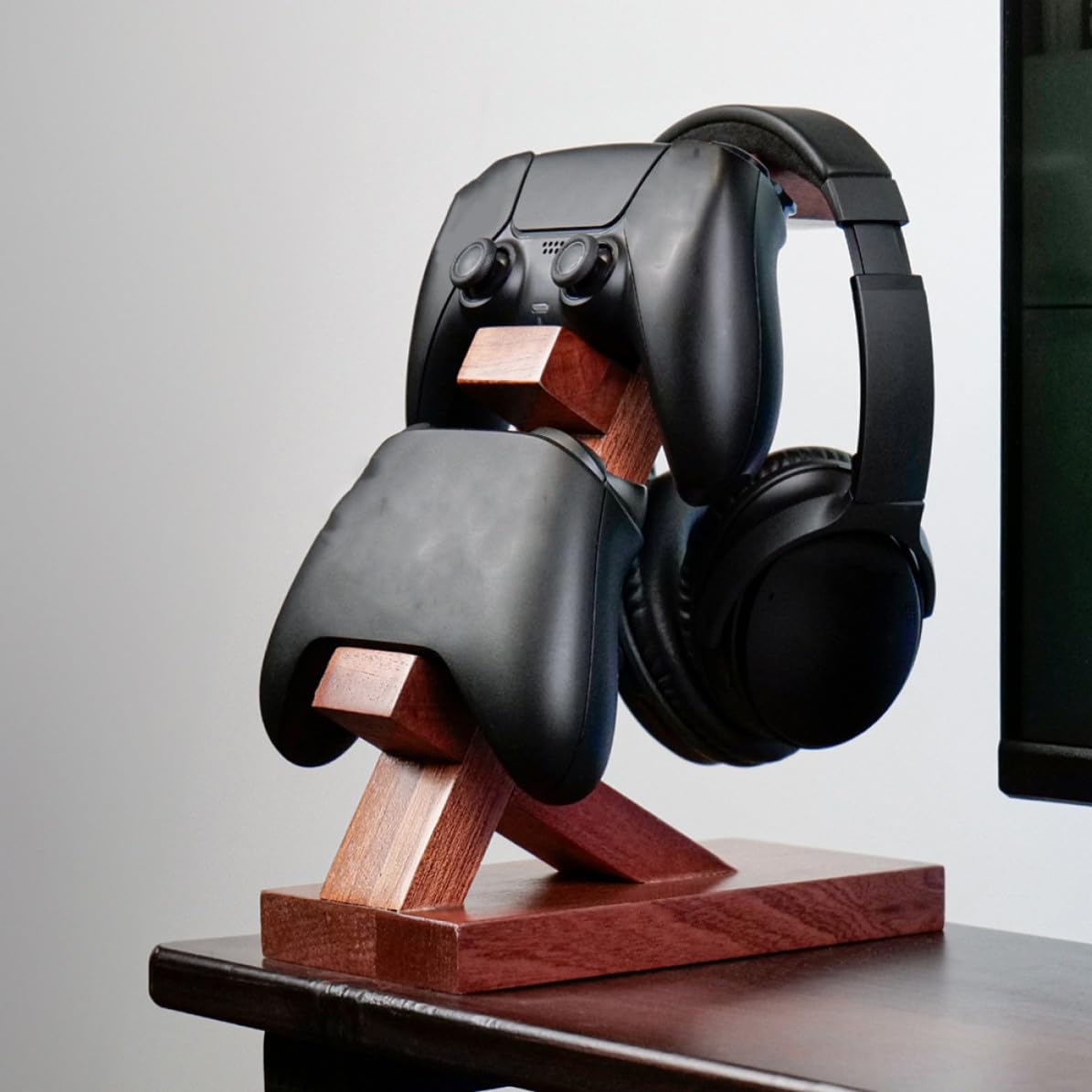 Soporte para Auriculares Organizador Portátil y Controlador de Juego de Madera Marrón Diseño Simple para Almacenamiento y Exhibición en Escritorio Gamer