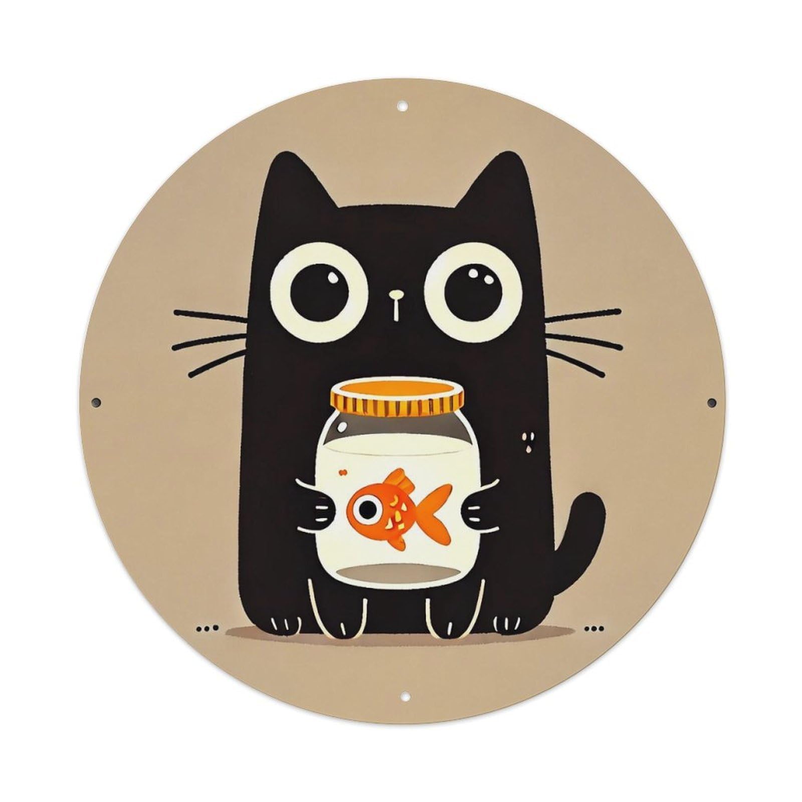 Black Cat Holding Fish Jar Metal Tin Sign Plaque