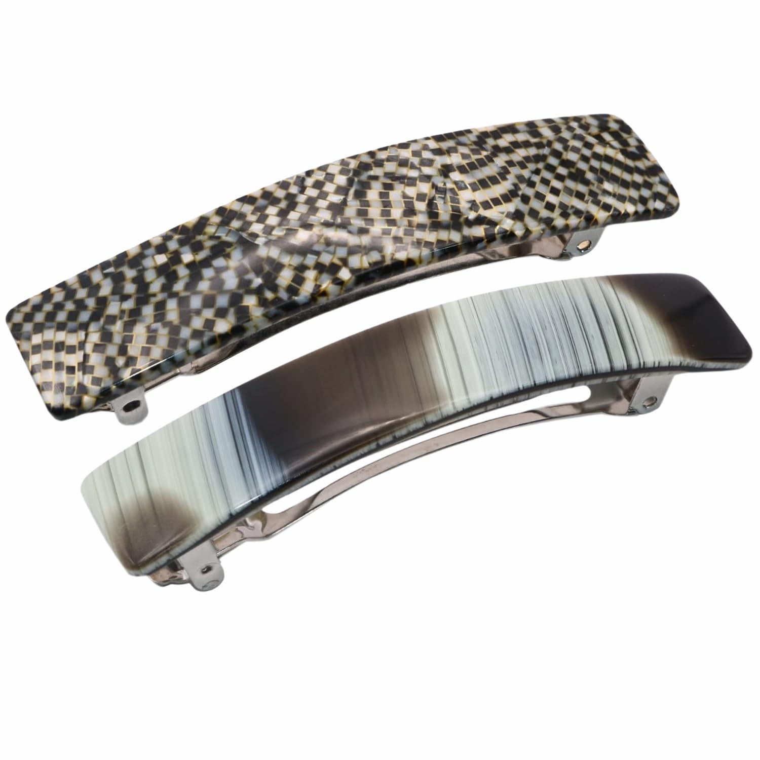French Amie Oblong Handmade 3.5" Celluloid Automatic Hair Clip Barrette French Hair Clip for Women Strong Hold Set of 2 No Slip Durable Paris Hair Accessories, Made in France (Ivory Black and Opera)