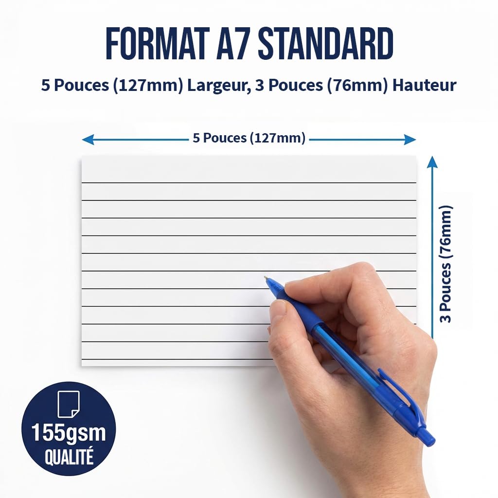 The Paper Shop Fiches Bristol A7 Lignées Blanches | 1000 Fiches de Révision 127 × 76 mm (5 × 3) | Flashcards Index Cards pour École Études Apprentissage Organisation Notes