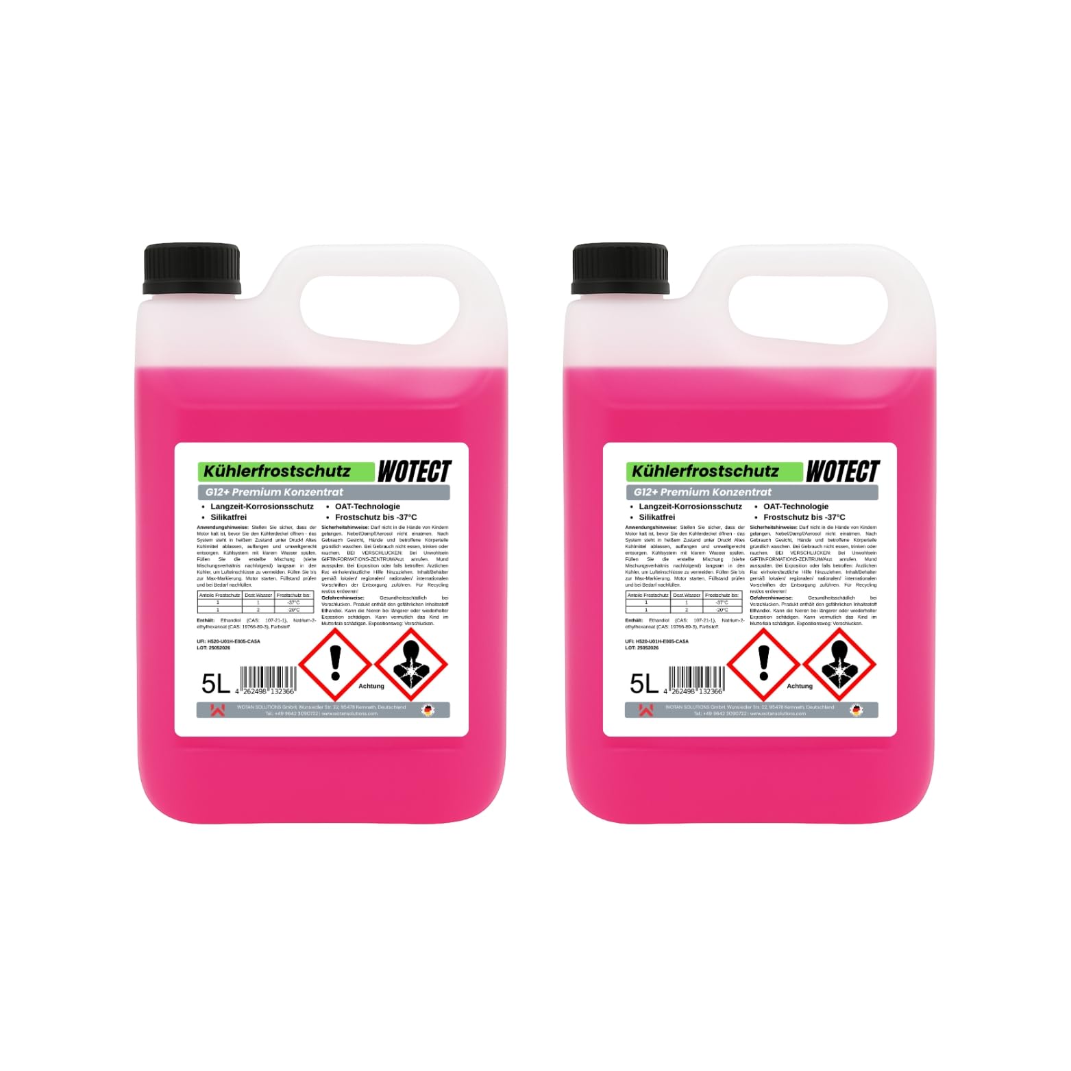 WOTECT 10L Kühlerfrostschutz G12+ Konzentrat – Silikatfrei, Lila – Frostschutz bis -37°C – Kühlmittel für PKW, LKW & Aluminiumkühler (2x5L)