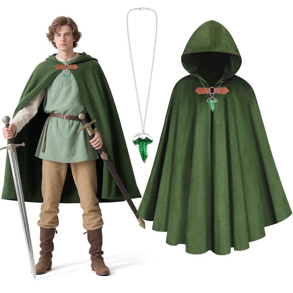 Capa Hobbit, Capa con Capucha de Terciopelo Negro, con Collar de Hojas Verdes, Cloak Medieval Unisex Halloween, Cloak de Bruja Medieval Renacentista