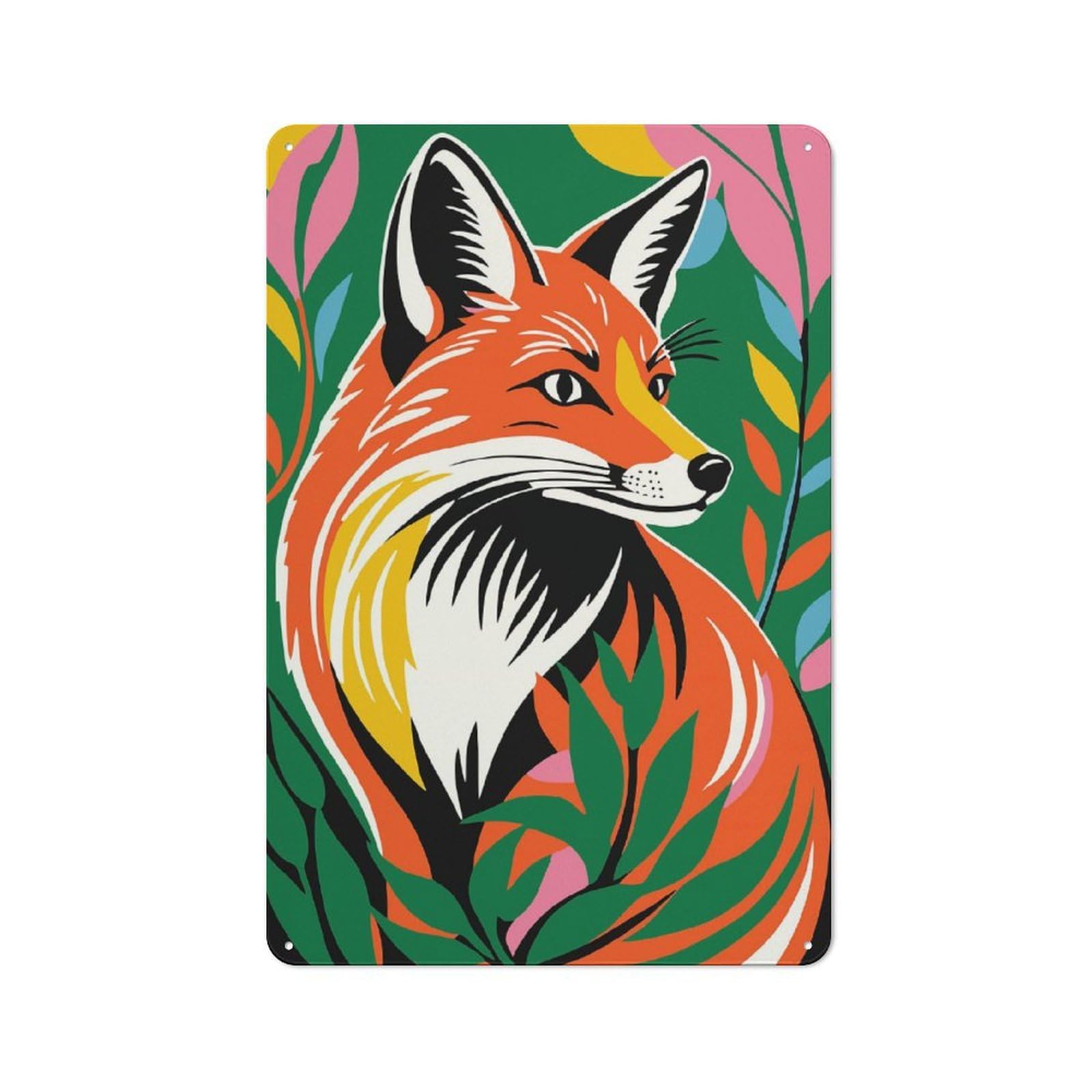 Junmoney Style-4 Vintage Metal Plaque 30X20cm Featuring Colorful Fox For Hallway Wall, For Wall Display Collectors