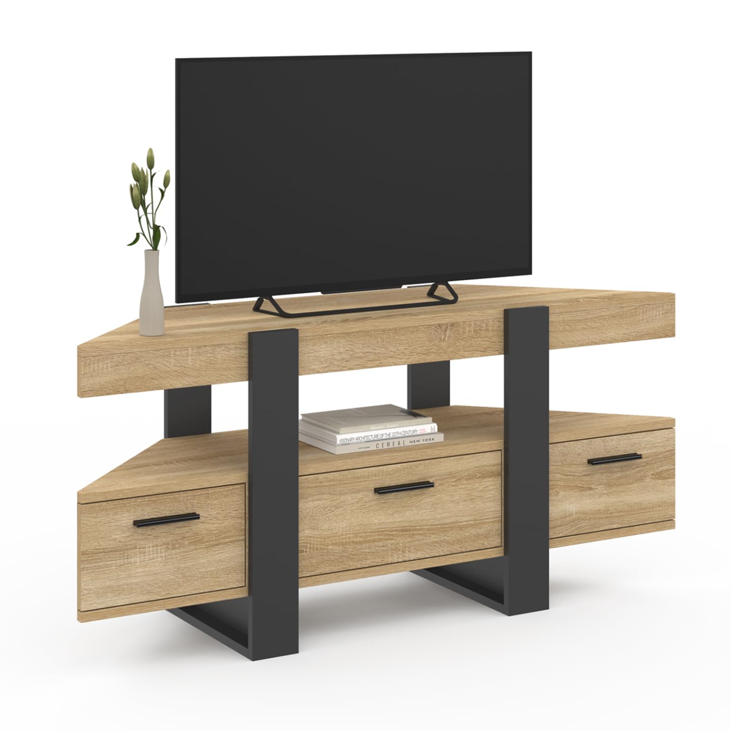 IDMarket Phoenix - Mueble para TV (110 cm, esquinero con cajón, madera y negro), color negro