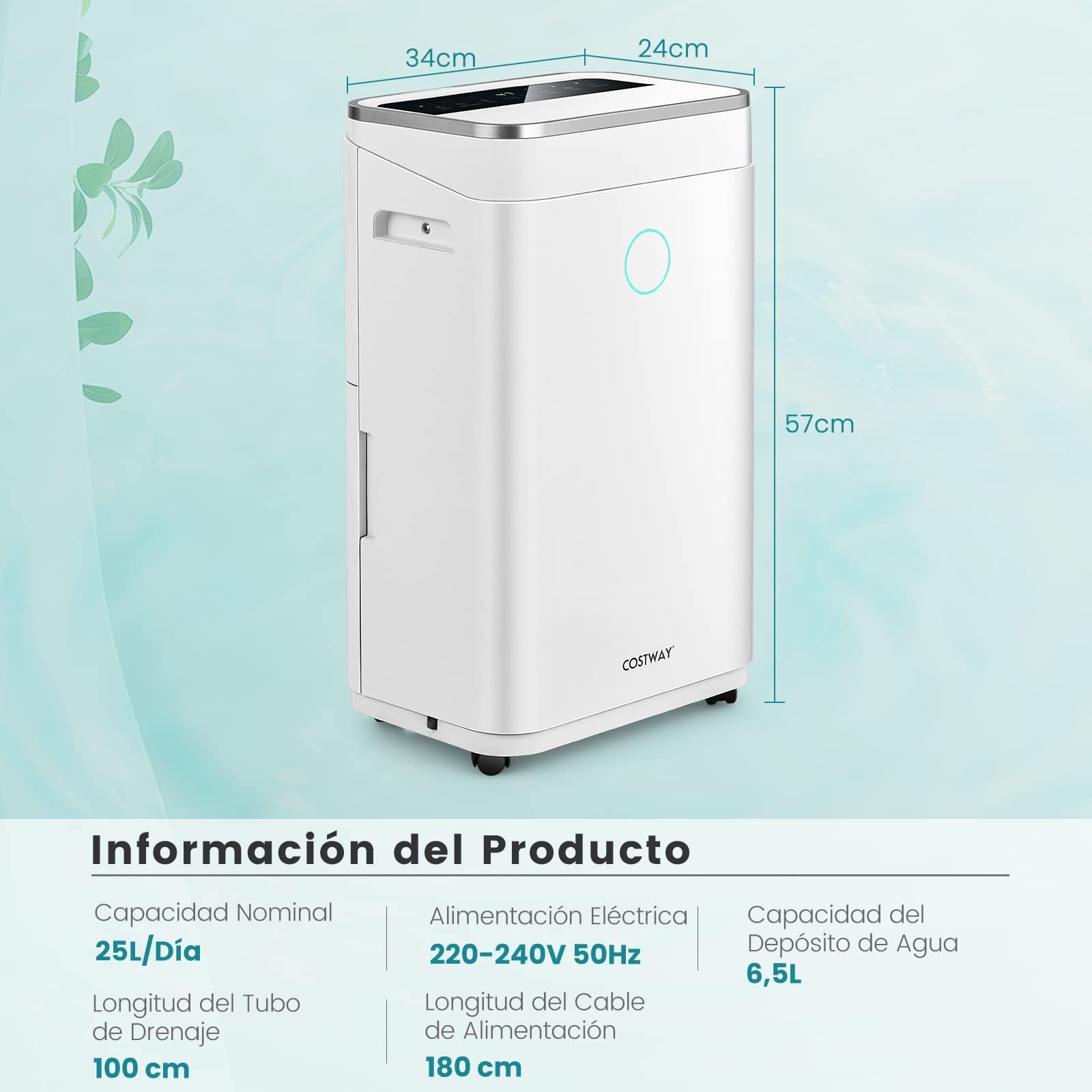 COSTWAY Deshumidificador 25L/Día, Depósito 6,5 L, hasta 30㎡, Temporizador 24 Horas, Pantalla LED, Depósito Extraíble y Desagüe Automático o Manual,Seca Ropa, Dry Compact 3 Modos