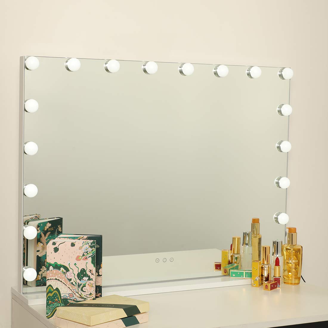 Makeup Mirror with Lights, Hollywood Vanity Mirror, Tabletop or Wall Mounted Mirror with USB Port, 3 Color Modes Cosmetic Mirror, Touchscreen Large Mirror with 18 LED Bulbs, Ivory White