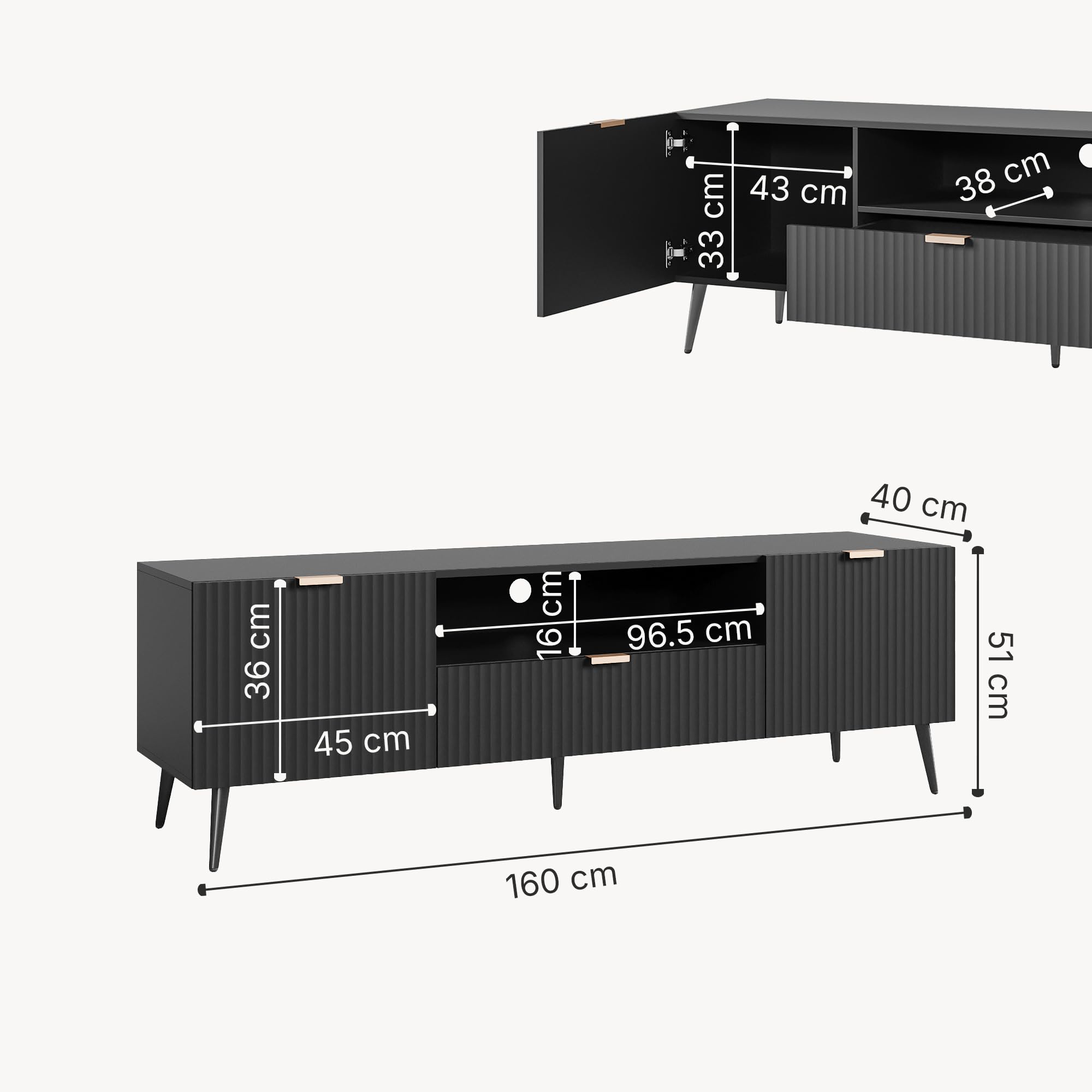 [en.casa] TV Schrank Nand Lowboard mit 2 Türen geriffelt Fernsehschrank mit Schublade 160 x 40 x 51 cm Sideboard Kommode Fernsehtisch Schwarz