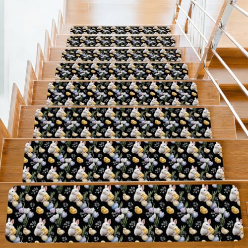 Alfombrillas de escalera Mexpekil Bunnies para pelar y pegar con tulipanes de 76x20 cm 2