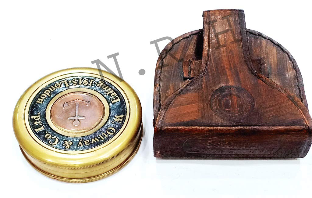 Bussola nautica in ottone con incisione navale di Londra con custodia in pelle