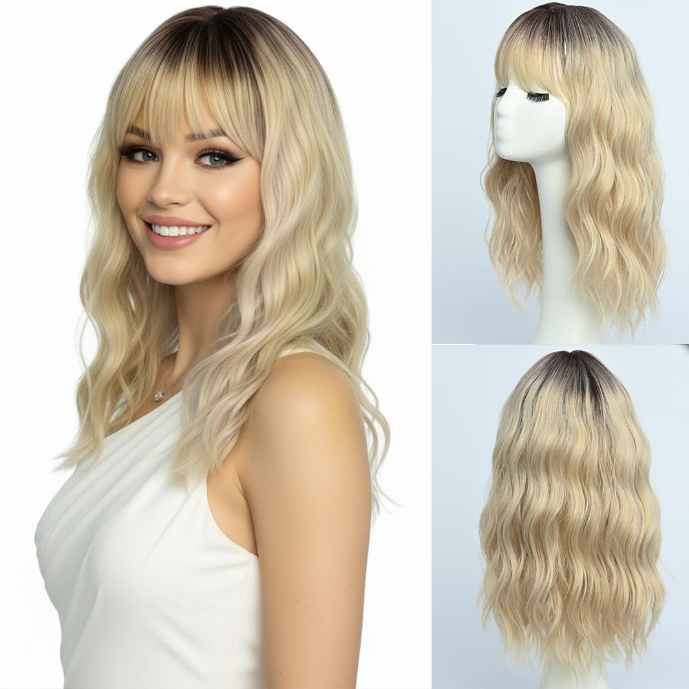 SIMKAYLEE Parrucca lunga bionda con frangia per donna, parrucca di lunghezza media con radice scura, per donna, capelli lunghi ondulati naturali con sfumature, resistente al calore, per feste
