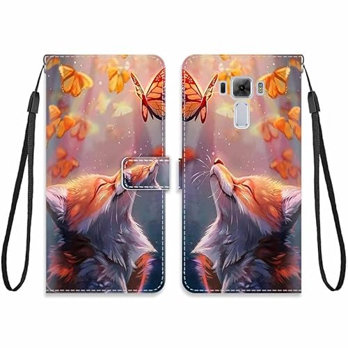 KARTXITAI Hülle Kompatibel mit Asus Zenfone 3 Laser ZC551KL,Leder Handyhülle mit Kartenfach Geld Slot Ständer PU Ledertasche Wallet Flip Magnetische Schutzhülle-Fuchs,Schmetterling