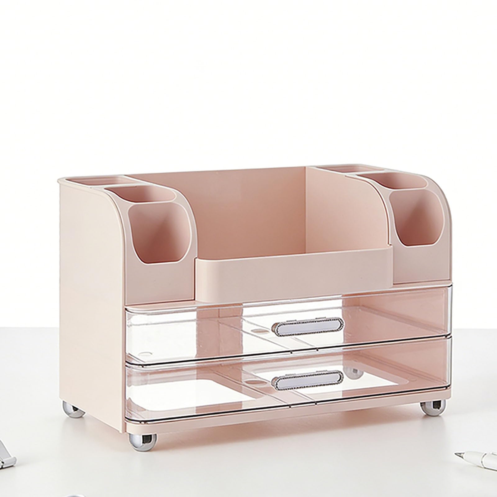 TOPINCN Organizador de Maquillaje, Gran Capacidad con 6 Compartimentos y 2 Cajones Vitrina Cosmética a Prueba de Agua para Pintalabios, Brochas de Maquillaje, Cuidado de la Piel (Rosada)