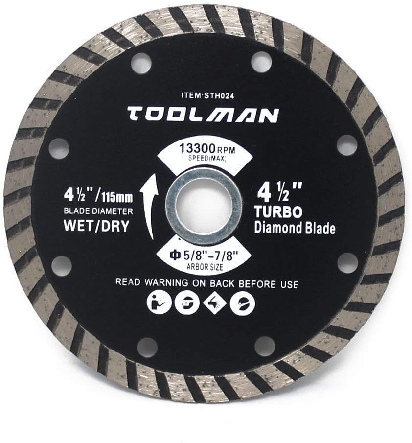 Toolman4-1/2" Turbo Diamond Blade Dry/Wet Cutting for Masonry block and brick Continuous Rim Circular Saw 5/8'' 7/8'' arbor STH024