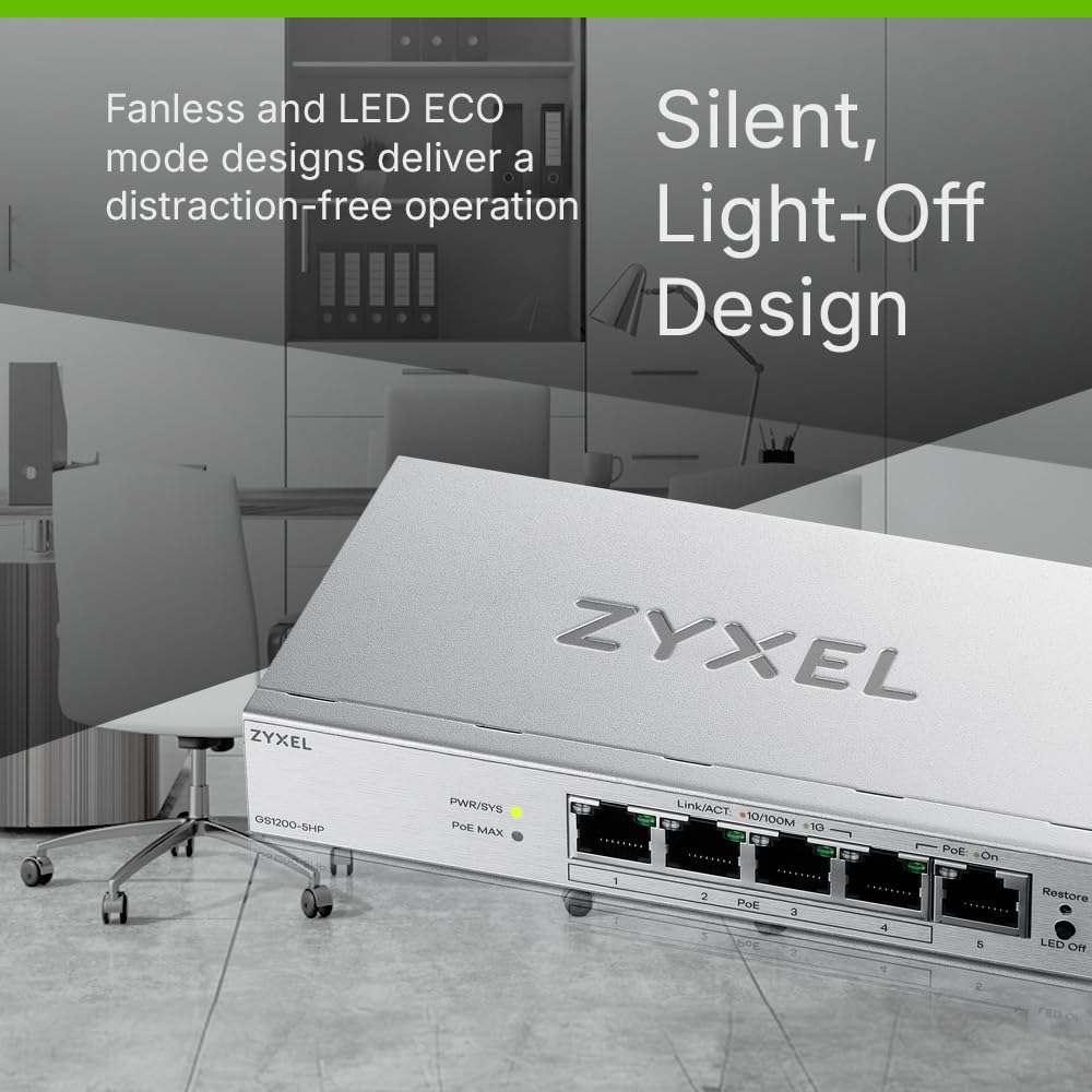 Zyxel Switch PoE 5 Porte | Switch Ethernet Gigabit Web Managed | 4 Porte PoE+ Budget 68W | QoS, Link Aggregation, VLAN, IGMP Snooping | Senza ventola | Desktop [GS1200-5HPv3] | 4x Porte PoE+ con Budget di 68W + 1x GbE, Senza Ventola, VLAN, QoS, IGMP Snoop