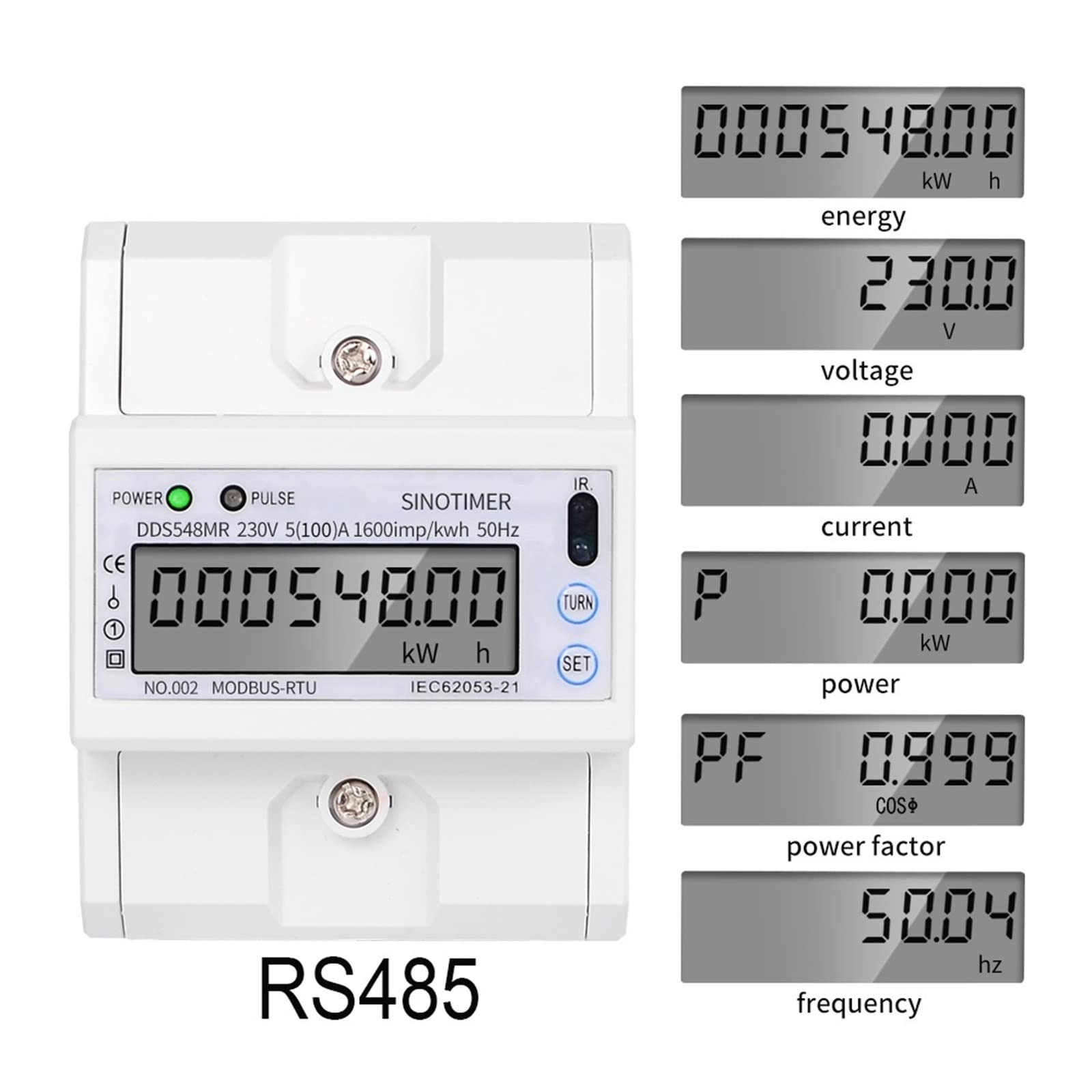 Compteur Électrique Monophasé, Multi Fonction monophasé 5-100A 230V AC Compteur d'énergie Compteur de consommation électrique Moniteur DIN Rail avec RS485 Modbus, Facile à Installer