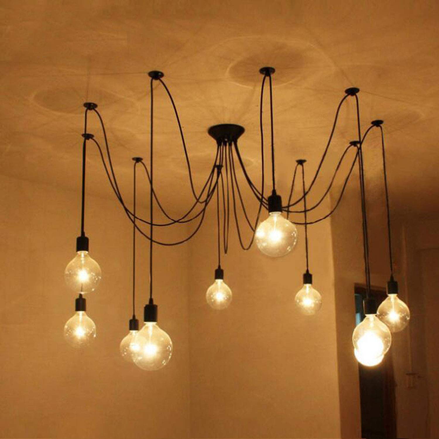 KXEcoLife Modern Ceiling Light Fixture Edison Bulb Chandelier Retro Loft Adjustable Art Spider DIY E27 (Black, 10)