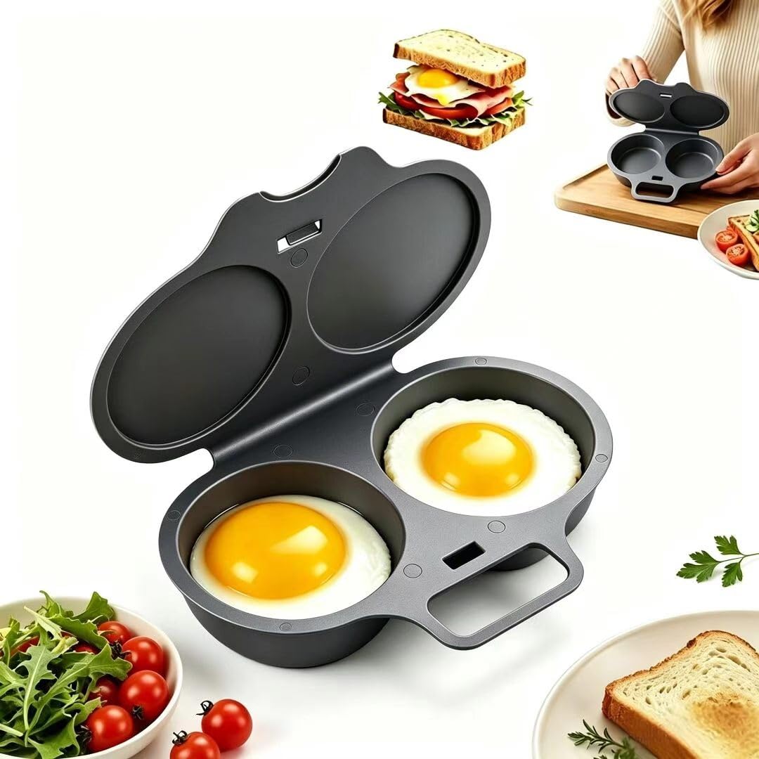 YERFFZE Microwave Egg Poacher with Lid & Handle, Dual-Cavity Nonstick Egg Maker for Fast Oil-Free Meals, Quick-Heat Design, Splash-Proof Lid, Comfort Grip, Easy Clean, Dark Gray