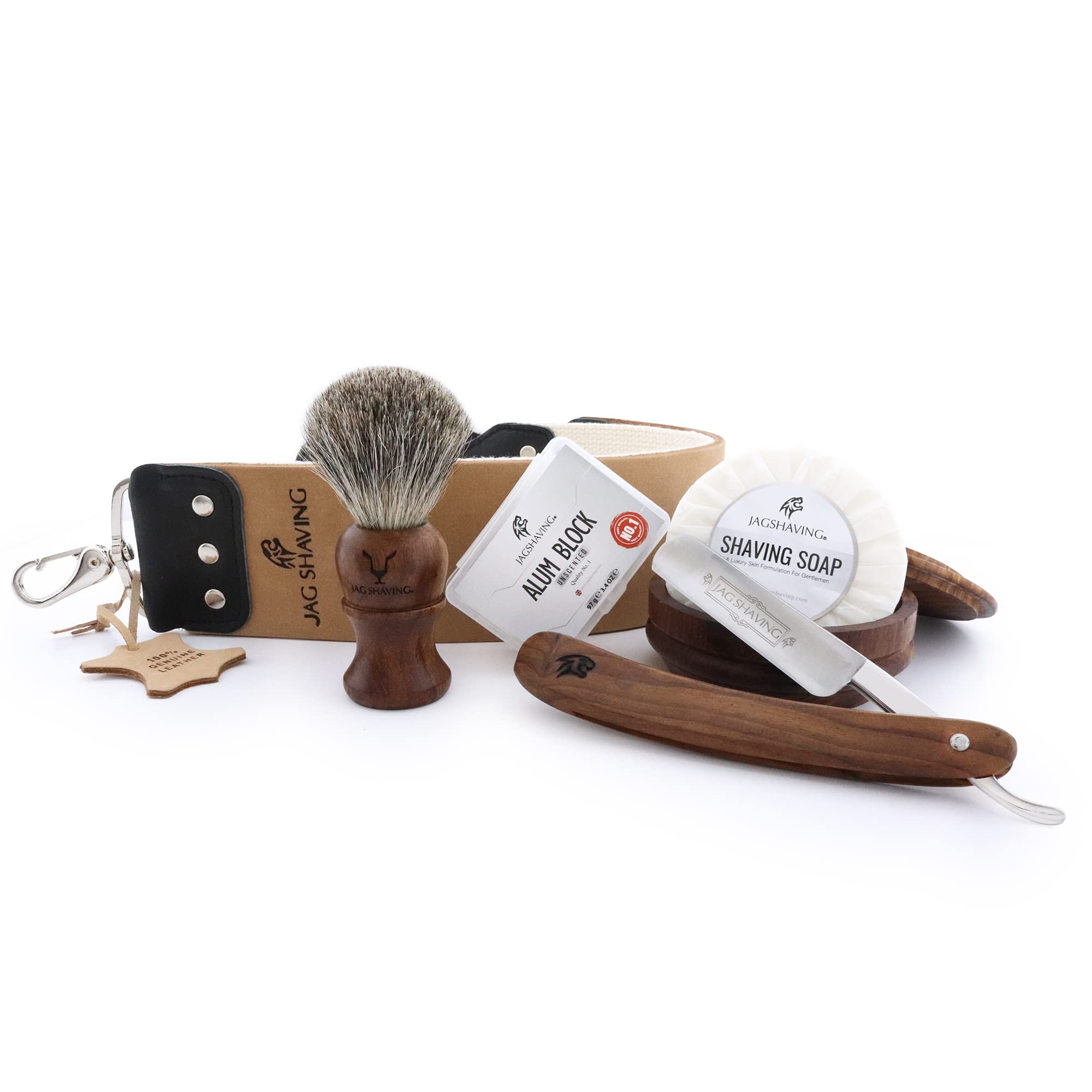 Jag Shaving Zestaw do golenia – 6-częściowy zestaw do golenia – brzytwa – super pędzel do golenia z włosia borsuka – mydło do golenia – miska do golenia z pokrywką – blok ałunowy – skóra ściągająca