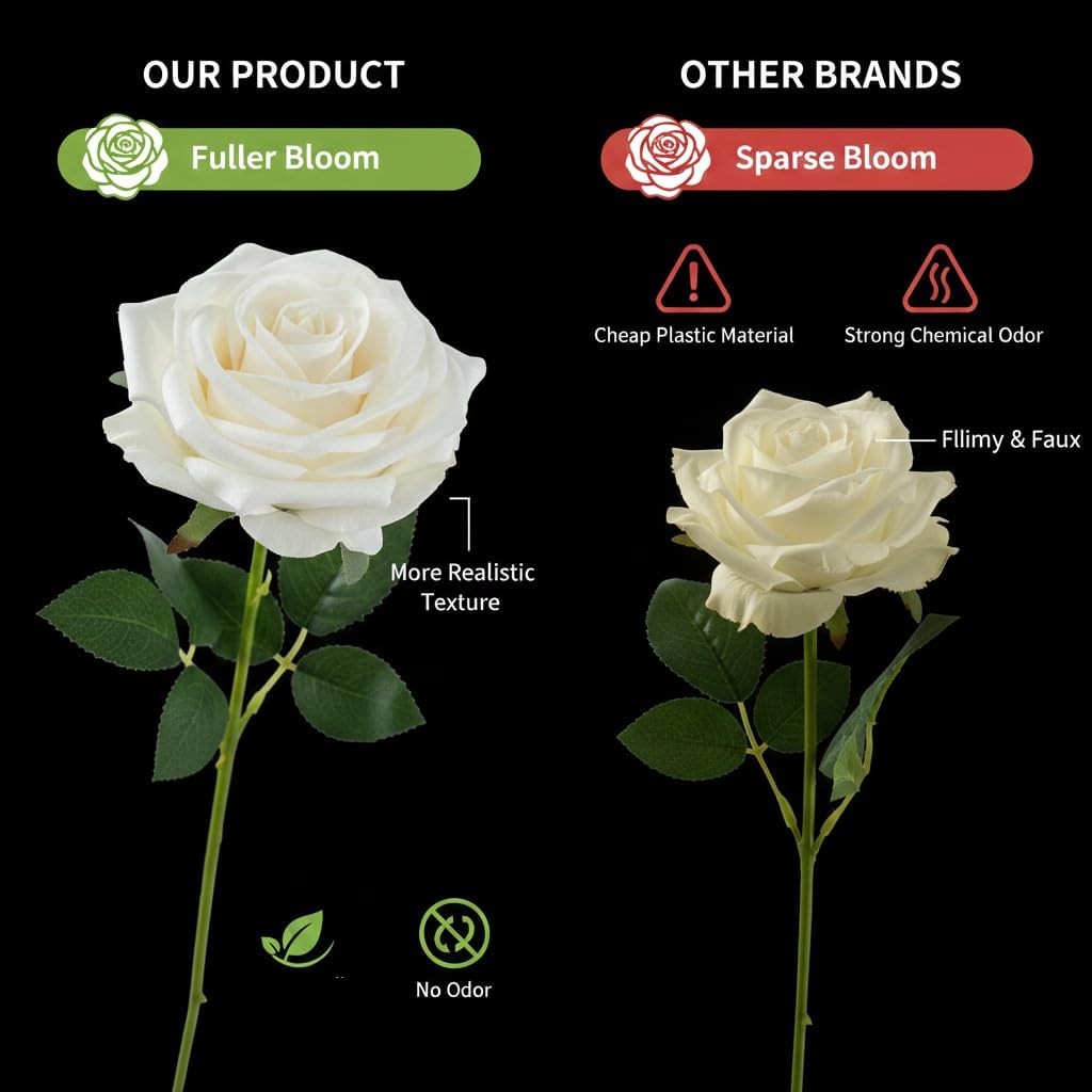 100 Pcs White Rose Artificial Flowers Bulk, Ivory Silk Fake Roses with Long Stem for Wedding Decoration, Bridal Bouquets, DIY Flower Wall, Party Table Centerpieces, Home Decor - Image 5