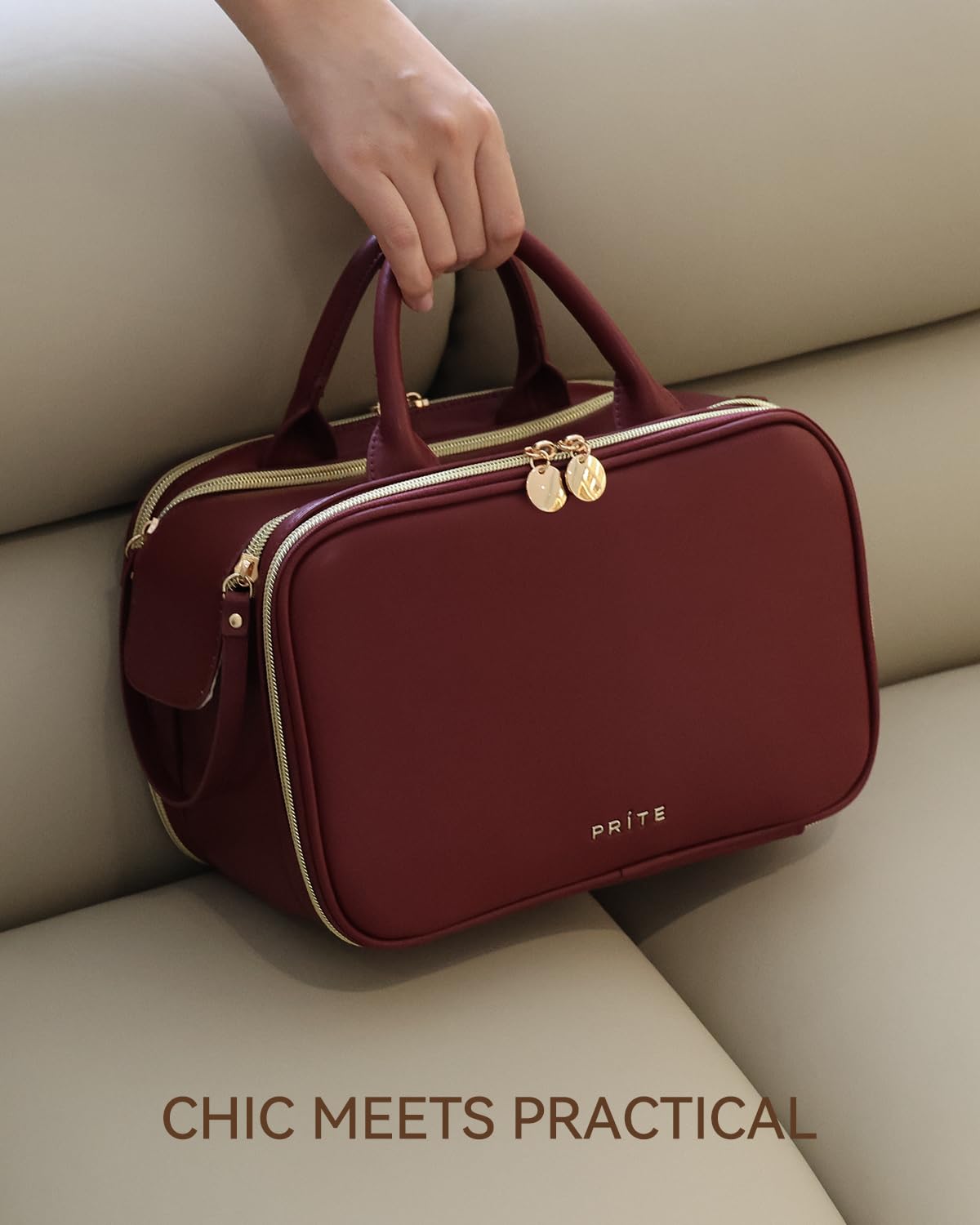 Prite Beauty case da donna, grande capacità, impermeabile, da viaggio, borsa da toeletta aperta e piatta, con supporto per pennelli e manico autoportanti, Borgogna, Large, moderno