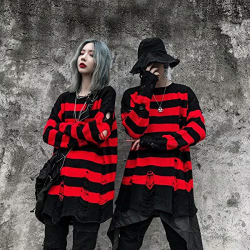 Black Red Striped Sweaters Men Oversized Ripped Hole Knit Pullover Autumn Winter Fashion Long Sleeve Clothing3