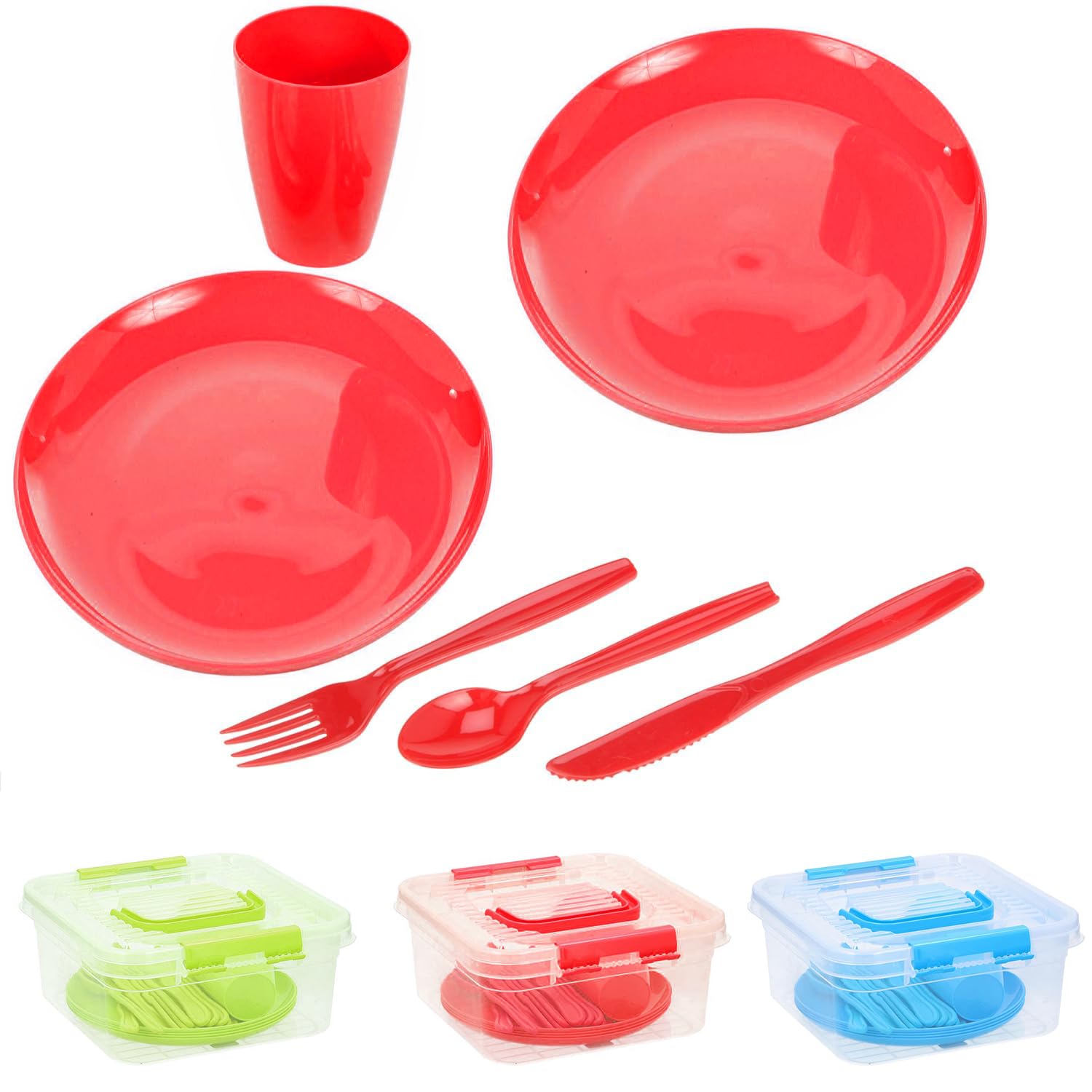 Geezy Red 21Pc Reusable Plastic Picnic Set For 4 People - Portable Camping Dinnerware Kit With Storage Box - Dishwasher Safe Plates, Cups & Cutlery For Outdoor Bbq, Beach & Garden Parties