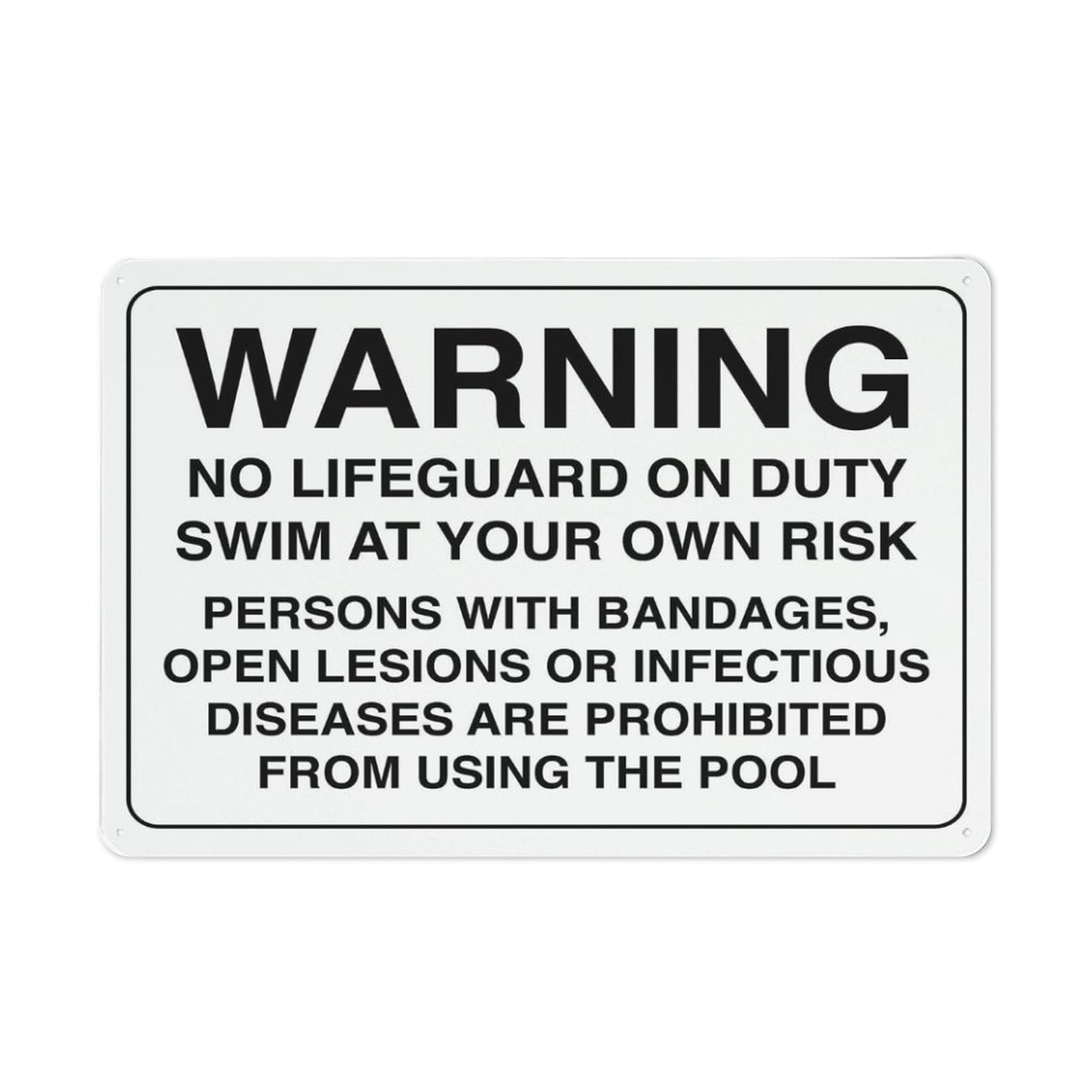Warning - No Lifeguard On Duty (Swim At Own Risk - Text) Sign, 8x12 Inch Outdoor Metal Sign for Business, Workplace, Office, Home, Garden