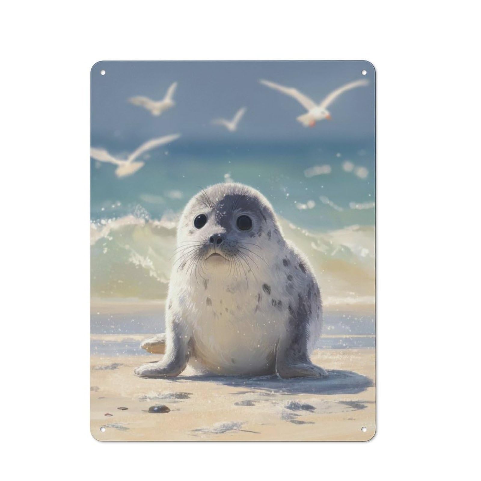 Junmoney Cute Seal Pup On Beach Rustic Decorative Tin Sign 40X30cm, Cottage Wall Art For Cottage, Kitchen, Hallway Or Breakfast Nook