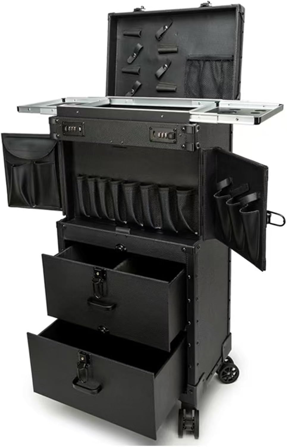 Professional 3-Shelves Rolling Makeup Case, Loading Cosmetic Organizer Train Case, with 4 Wheels, for Nail Salon, Free Standing with Detachable Drawer