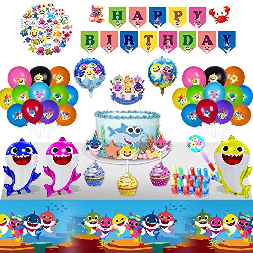 Set di Forniture per Feste di Squalo 120 pezzi - Palloncini in Lattice,Topper per Cupcake,Palloncini in Foglio di Alluminio,Banner Happy Birthday,Decorazioni per Torte,Luci per Dita,Adesivi,tovaglia