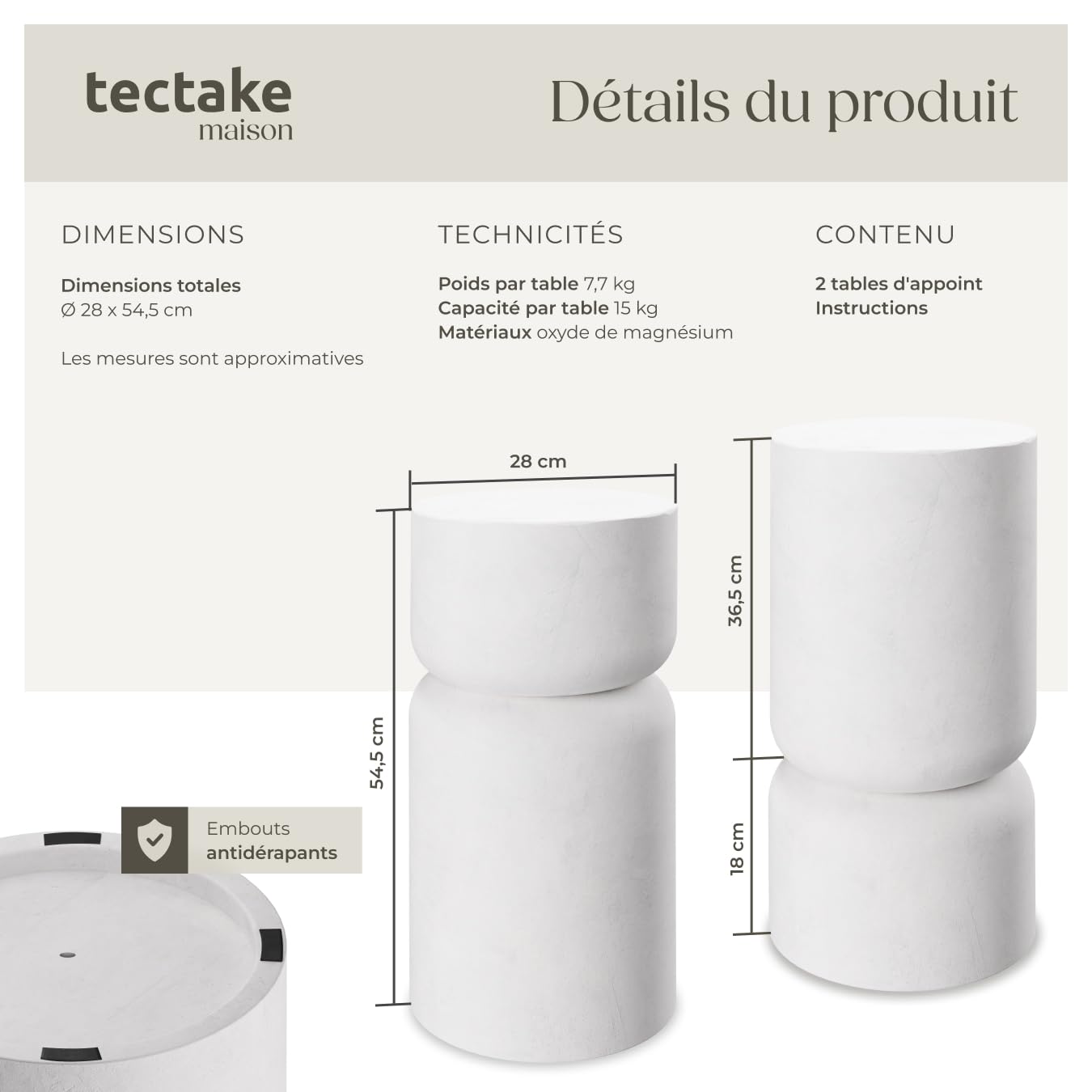 tectake® Table de Chevet Lot de 2, Table de Nuit Moderne 28 x 54,5 cm Petit Meuble Bout de canape Meuble d'appoint pour Salon, Chambre, Bureau, Dressing
