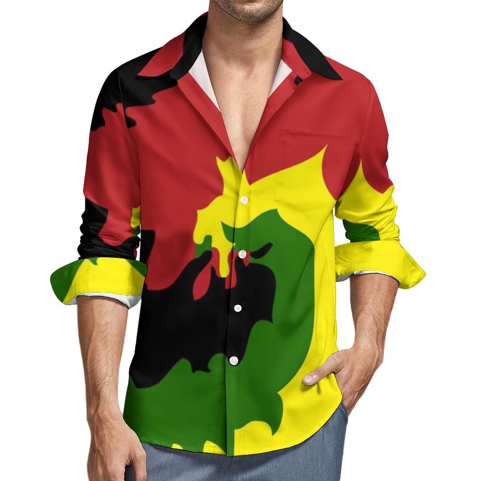 Rasta Tie Dye Swirl Men's Casual Long Sleeve Button Down Shirts Regular-Fit with Pocket