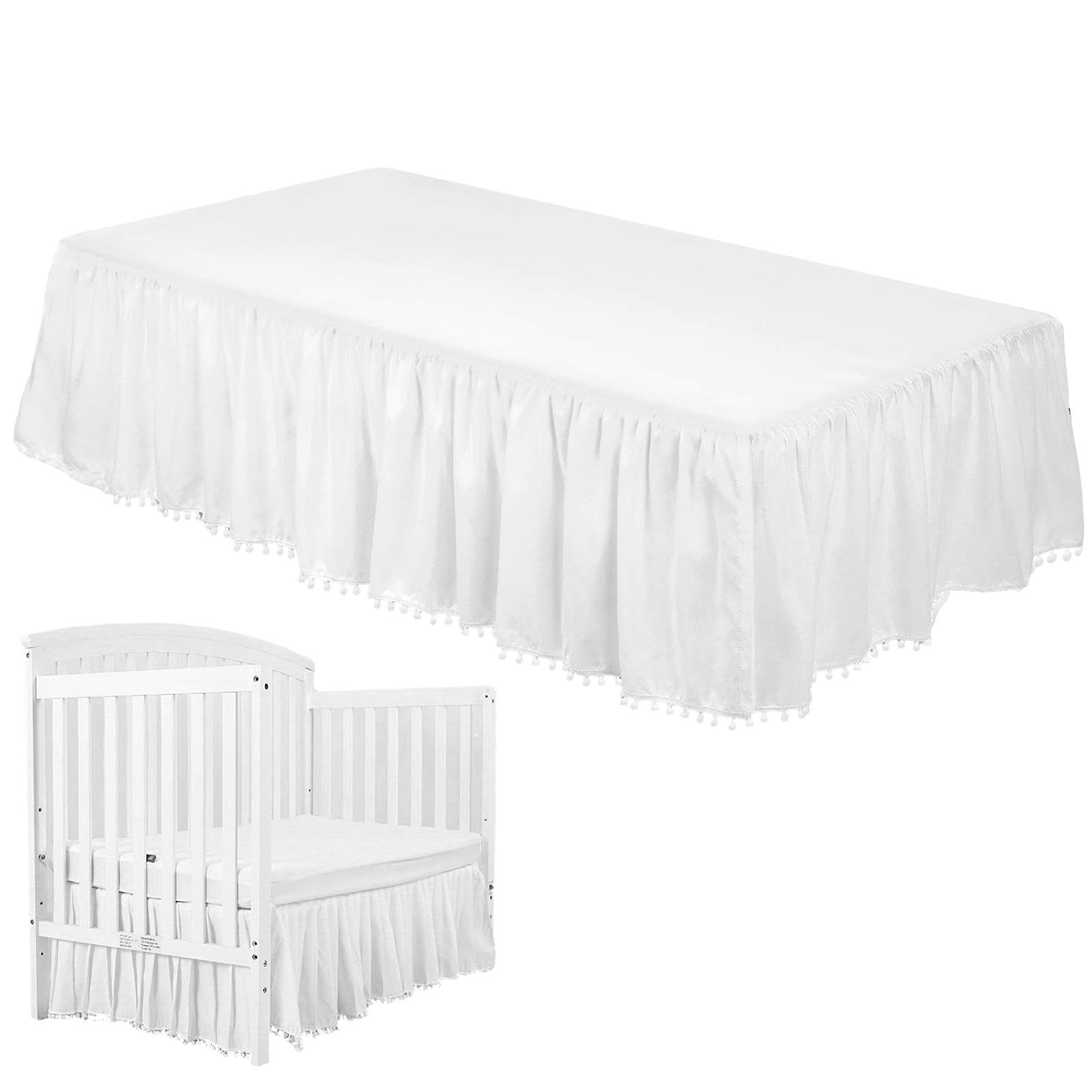 Crib Dust Ruffle, Crib Skirt For Baby Boys Girls, 28" X 52" Ruffle Crib Skirt, Crib Dust Ruffle With Pom-poms For Standard Cribs And Most Toddler Beds