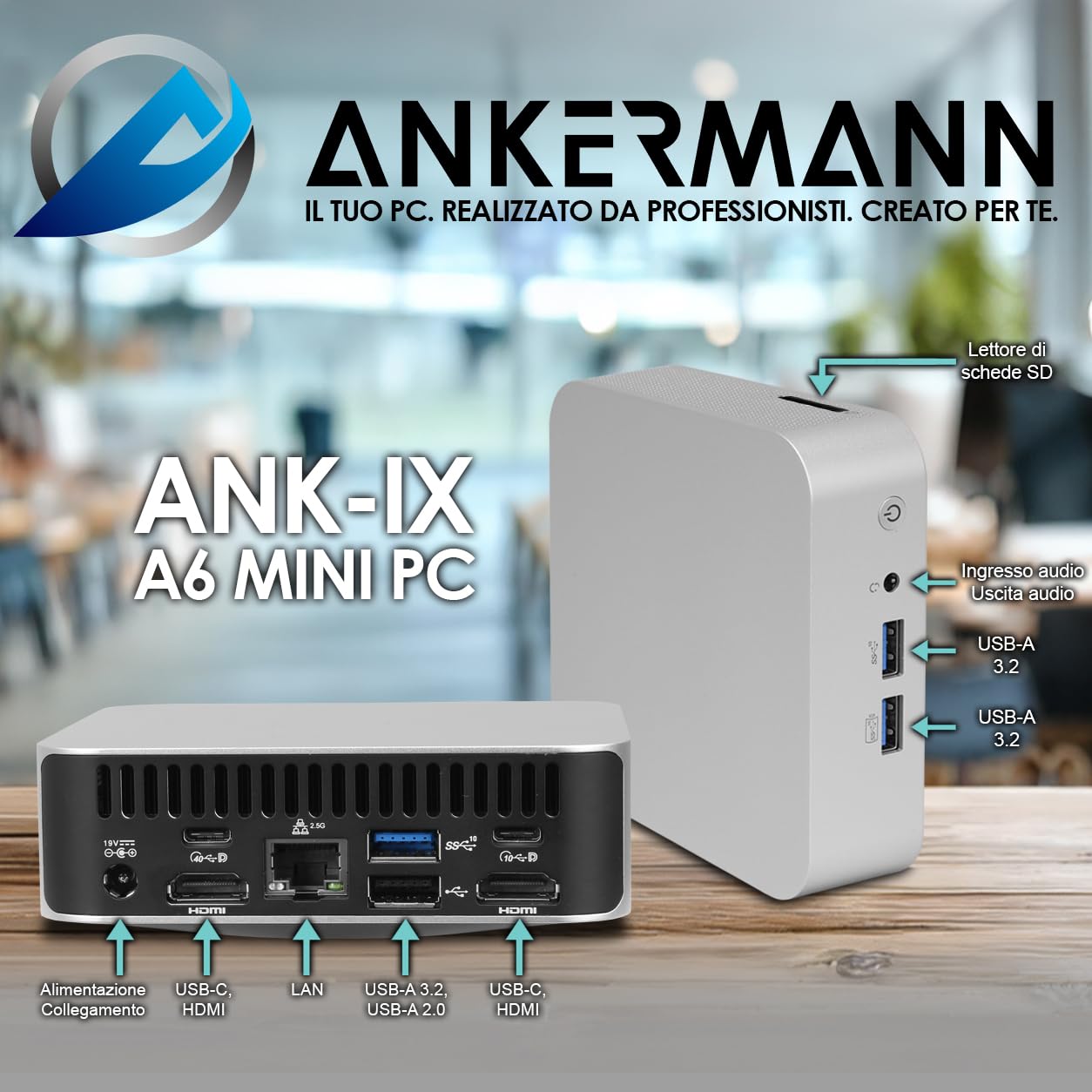 Ankermann ANK-IX A6 Mini PC AMD Ryzen 7 16GB RAM SSD 1TB MS Office 2024 | PC compatto per ufficio e home office — Windows 11 Pro, MS Office 2024 Professional Plus, Wi-Fi 6 e Bluetooth inclusi