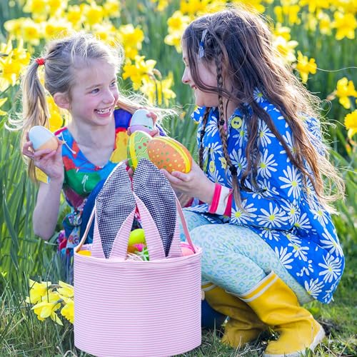 Image of Easter Basket Seersucker Egg Hunt Bunny Baskets for Kids with Cute Rabbit Ears Stripe Storage Gifts Candies Personalized Easter Party Gifts