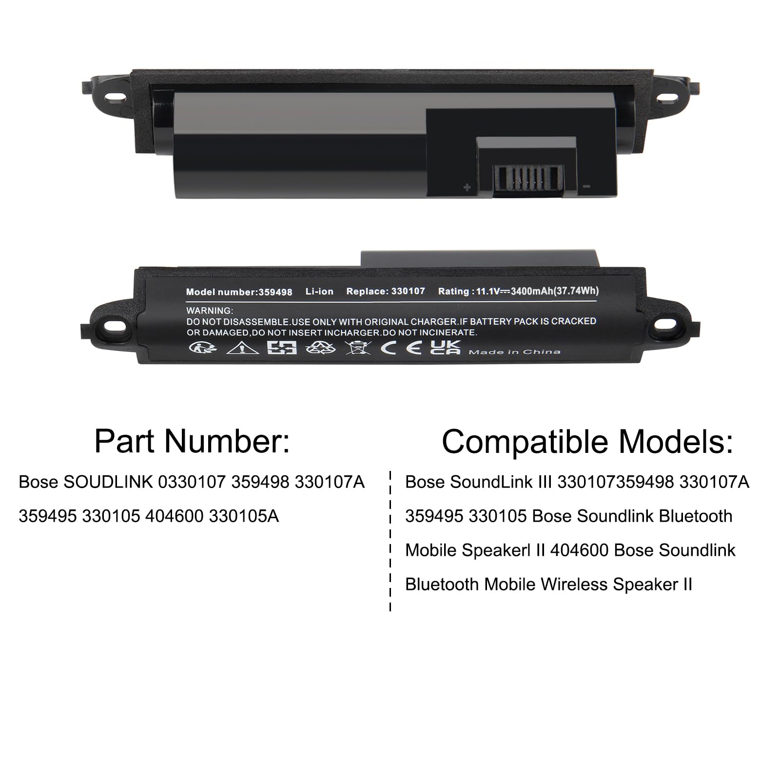 11.1V 3400mAh 359495 Batteria per Bose SoundLink III 330107 359498 330107A 359495 330105 330105A Ricambio per Bose SoundLink Bluetooth Mobile Speaker II 404600