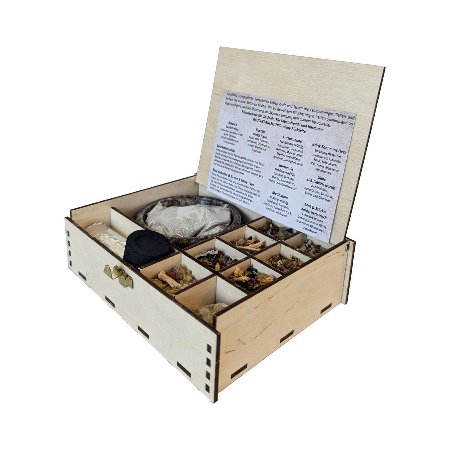 Incenso Starter Set di 12 accessori per principianti, adatto anche per incenso da 7 cm, sabbia affumicata a carbone + istruzioni + 8 diversi incensi per amare e aprire il cuore