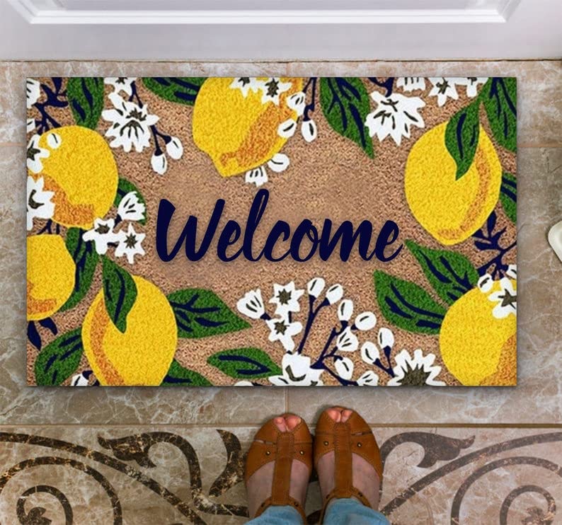 Door Mat Cute Lemons with Flowers Welcome Non-Slip Mats Funny Doormat Decor for Bathroom Kitchen Front Porch Rugs Home Decor Entrance 24*35in/60*90cm